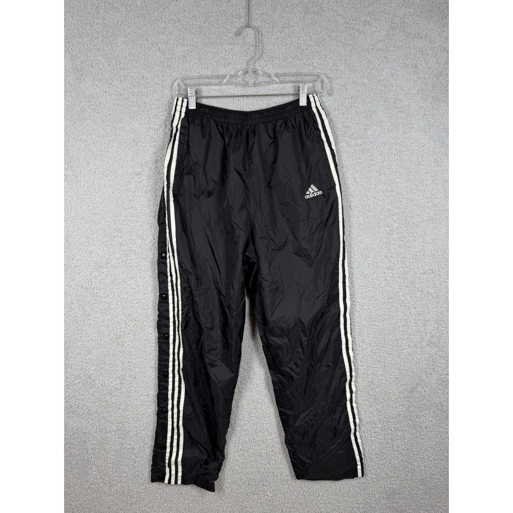 Vtg Adidas Track Pants Mens Sz M Black Snap Button Tearaway 3 Stripe Wide Baggy